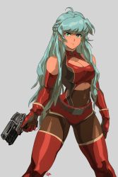 Rule 34 | 1990s (style), 1girl, 2018, ahoge, aqua eyes, aqua hair, bare shoulders, belt, belt buckle, boots, borrowed character, braid, breasts, brown thighhighs, buckle, center opening, cleavage, cleavage cutout, clothing cutout, commentary, commission, cowboy shot, david liu, elbow gloves, english commentary, french braid, gloves, grey background, gun, handgun, highres, holding, holding gun, holding weapon, large breasts, long hair, midriff, narrow waist, original, pantyhose, pistol, red footwear, red shorts, retro artstyle, serious, short shorts, shorts, solo, standing, tan, thigh boots, thighhighs, toned, trigger discipline, weapon