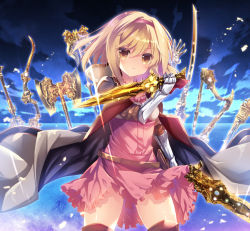 Rule 34 | 1girl, :&lt;, axe, battle axe, blue sky, blush, bow (weapon), brown eyes, cape, closed mouth, cloud, cloudy sky, commentary request, djeeta (granblue fantasy), dress, dual wielding, gauntlets, granblue fantasy, hair between eyes, hairband, hand up, head tilt, holding, holding sword, holding weapon, light brown hair, long hair, looking at viewer, mace, nanamomo rio, night, night sky, pink dress, red hairband, short sword, sky, solo, star (sky), star (symbol), starry sky, sword, v-shaped eyebrows, weapon, white cape
