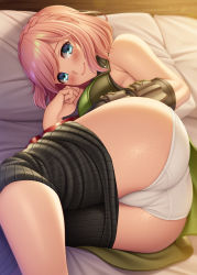 Rule 34 | 1girl, ass, bare shoulders, bed sheet, black gloves, black pants, blue eyes, blush, braid, breasts, closed mouth, clothes pull, crown braid, daiba canon, elbow gloves, feet out of frame, gloves, god eater, highres, looking at viewer, lying, medium breasts, on bed, on side, panties, pants, pants pull, pillow, pink hair, short hair, single glove, smile, solo, tight clothes, tight pants, underwear, watanuki kaname, white panties