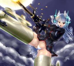 Rule 34 | 1girl, breasts, cameltoe, casing ejection, firing, flying, full moon, gao (naodayo), glasses, gun, heidimarie w. schnaufer, highres, hirschgeweih antennas, large breasts, long hair, long sleeves, military, military uniform, moon, muzzle flash, navel, panties, red eyes, shell casing, shirt, silver hair, solo, strike witches, striker unit, taut clothes, taut shirt, underwear, uniform, weapon, world witches series
