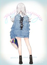Rule 34 | 1girl, artist name, bad id, bad pixiv id, bag, bag charm, black footwear, charm (object), circle name, cross-laced clothes, dated, denim, denim jacket, fashion, from behind, full body, grey hair, handbag, high tops, holding, holding bag, jacket, long hair, original, shoes, signature, sleeves past wrists, sneakers, socks, solo, standing, yua (tick-tack)