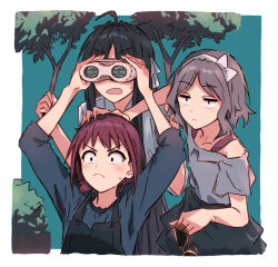 3girls ahoge awa_subaru binoculars black_hair black_skirt blue_shirt brown_hair bullfalk closed_mouth collarbone ebizuka_tomo girls_band_cry grey_hair grey_shirt hairband highres iseri_nina long_hair multiple_girls open_mouth parted_bangs revision shirt short_hair sidelocks skirt sweatdrop white_hairband white_shirt