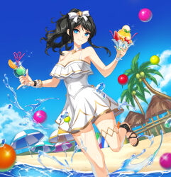 Rule 34 | 1girl, armpits, bare shoulders, beach, bead bracelet, beads, black hair, blue eyes, bow, bracelet, breasts, choker, closed mouth, closers, cup, day, dress, drinking glass, feet, food, foot out of frame, hair bow, halterneck, highres, holding, hurricane glass, ice cream, jewelry, large breasts, legs, long hair, looking at viewer, official art, outdoors, ponytail, sandals, sleeveless, sleeveless dress, smile, solo, spaghetti strap, sundress, thighlet, thighs, toes, tropical drink, water, wavy hair, wet, white choker, white dress, yuri seo
