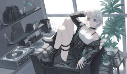 Rule 34 | 1girl, bang dream!, bang dream! it&#039;s mygo!!!!!, black choker, black footwear, black jacket, black skirt, blue eyes, book, book stack, boots, chinese commentary, choker, commentary request, full body, heterochromia, high-waist skirt, highres, indoors, jacket, kaname raana, light bulb, long sleeves, medium hair, off shoulder, on chair, open clothes, open jacket, pencil, phonograph, plant, potted plant, record, shelf, shirt, sitting, skirt, smile, solo, thigh strap, white hair, white shirt, window, xukong, yellow eyes