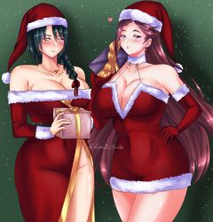 Rule 34 | 2girls, absurdres, alternate costume, bare shoulders, blowing kiss, blush, braid, braided ponytail, breasts, christmas, cleavage, dress, earrings, fire emblem, fire emblem heroes, fur-trimmed dress, fur-trimmed gloves, fur-trimmed headwear, fur collar, fur trim, gift, glitter, gloves, green hair, griff, hair ornament, hand on own hip, hat, heart, highres, holding, jewelry, large breasts, lips, loki (fire emblem), long hair, looking at viewer, multiple girls, necklace, nintendo, plunging neckline, purple eyes, purple hair, red dress, santa dress, santa gloves, santa hat, shadow, short dress, side slit, simple background, single braid, strapless, strapless dress, thighs, thorr (fire emblem), yellow eyes