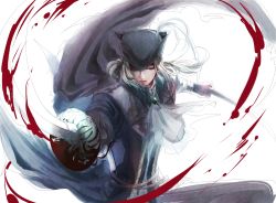 Rule 34 | 1girl, belt, blonde hair, blood, bloodborne, cape, dual wielding, gem, hat, hat ornament, highres, holding, itsuki (itsukiovo), katana, lady maria of the astral clocktower, looking at viewer, sword, tricorne, weapon, white background, white eyes
