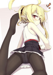 Rule 34 | 1girl, ahoge, airi (ogami kazuki), bags under eyes, bare arms, bare shoulders, black pantyhose, black skirt, blonde hair, blush, book, closed mouth, commentary request, glasses, grey background, highres, leg up, long hair, looking at viewer, looking back, lying, no shoes, ogami kazuki, on stomach, open book, original, pantyhose, pleated skirt, ponytail, red eyes, shadow, shirt, sidelocks, skirt, sleeveless, sleeveless shirt, solo, thighband pantyhose, two-tone background, white background, white shirt