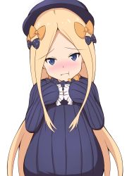 Rule 34 | 1girl, :t, abigail williams (fate), absurdres, bad id, bad pixiv id, black bow, black dress, black hat, blonde hair, blue eyes, blush, bow, closed mouth, dress, fate/grand order, fate (series), forehead, hair bow, hands up, hat, head tilt, highres, long hair, long sleeves, looking at viewer, mitchi, nose blush, orange bow, parted bangs, polka dot, polka dot bow, pout, simple background, sleeves past fingers, sleeves past wrists, solo, very long hair, white background