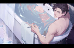 Rule 34 | 1boy, absurdres, bathing, bathtub, brown eyes, brown hair, cigarette, commentary, highres, kibiko (cheeks), letterboxed, looking at viewer, male focus, nude, original, parted lips, partially submerged, short hair, solo, towel, water, wet, wet floor