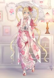 Rule 34 | +1 (yakusoku0722), 1girl, absurdly long hair, blonde hair, blue eyes, blush, bow, commentary request, floral print, flower, frills, full body, hair flower, hair ornament, highres, indoors, japanese clothes, kimono, lamp, long hair, looking at viewer, mermaid melody pichi pichi pitch, nanami lucia, parasol, picture frame, shell, twintails, umbrella, very long hair