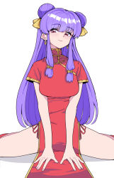 1girl absurdres bell blush china_dress chinese_clothes double_bun dress earrings hair_bell hair_bun hair_ornament highres jewelry long_hair purple_hair ranma_1/2 red_dress red_eyes shampoo_(ranma_1/2) sidelocks simple_background sitting smile white_background yaha0079