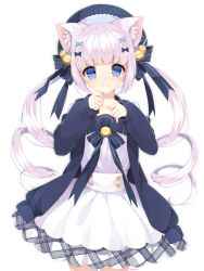 Rule 34 | animal ears, bell, blue eyes, bow, cat ears, commission, dress, drill hair, hair bell, hair ornament, hat, highres, jingle bell, looking at viewer, original, runastark, sailor collar, school uniform, smile, twintails, white hair