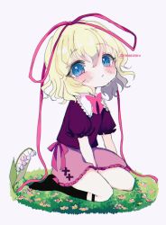 Rule 34 | 1girl, black shirt, black socks, blonde hair, blue eyes, blush, collared shirt, crying, crying with eyes open, flower, frilled shirt collar, frilled skirt, frilled sleeves, frills, full body, hair between eyes, hair ribbon, highres, kneehighs, kneeling, lily of the valley, medicine melancholy, one-hour drawing challenge, parted lips, pink skirt, puffy short sleeves, puffy sleeves, red ribbon, renakobonb, ribbon, shirt, short hair, short sleeves, skirt, socks, solo, tears, touhou, twitter username, white flower