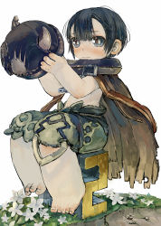 Rule 34 | 1boy, bad anatomy, bare arms, barefoot, black eyes, black hair, brown cape, cape, closed mouth, collar, commentary request, ebimomo, etal collar, fake horns, flower, grass, hands up, helmet, horned helmet, horns, looking at viewer, m&amp;m (mickey and mackey), made in abyss, male focus, regu (made in abyss), shorts, simple background, sitting, solo, toenails, topless male, white background, white flower
