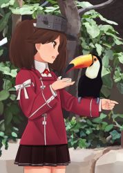 Rule 34 | 1girl, bad id, bad twitter id, bird, brown hair, brown skirt, commentary, cowboy shot, cup, fuyube gin (huyube), holding, holding cup, kantai collection, magatama, pleated skirt, ryuujou (kancolle), short hair, skirt, toucan, twintails, visor cap