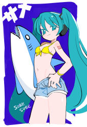 Rule 34 | 1girl, alternate costume, aqua eyes, aqua hair, arched back, bikini, bikini top only, blue background, border, breasts, carrying, carrying under arm, cropped legs, cutoffs, denim, denim shorts, hatsune miku, headphones, highres, holding, holding stuffed toy, kokaki mumose, light blush, light smile, long hair, looking at viewer, looking to the side, navel, number tattoo, romaji text, shorts, small breasts, solo, stuffed animal, stuffed shark, stuffed toy, swimsuit, tattoo, thumb in beltline, translated, twintails, very long hair, vocaloid, white border, yellow bikini, yellow bracelet