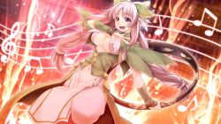 Rule 34 | 1girl, atelier-moo, braid, breasts, cleavage, curtained hair, dancing, dress, full body, hair ribbon, highres, large breasts, long hair, musical note, navel, nina lazydaisy, open mouth, pink eyes, pink hair, ribbon, smile, solo, standing, twin braids, wizards symphony
