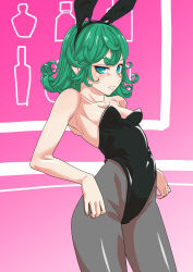 Rule 34 | 1girl, absurdres, animal ears, annoyed, arched back, arm rest, arm support, bare arms, bare shoulders, black leotard, breasts, closed mouth, collarbone, eyebrows, eyelashes, fake animal ears, feet out of frame, female focus, green eyes, green hair, grey pantyhose, half-closed eye, highleg, highleg leotard, highres, leotard, looking at viewer, looking to the side, matching hair/eyes, medium hair, one-punch man, pantyhose, petite, pink background, playboy bunny, pumpkin (pixiv 51324126), rabbit ears, simple background, small breasts, solo, standing, strapless, strapless leotard, tatsumaki, wavy hair