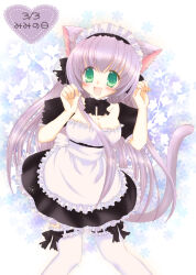 Rule 34 | 1girl, 2000s (style), :d, animal ears, apron, player character (mabinogi), back bow, black bow, black bowtie, black choker, black dress, blush, bow, bowtie, breasts, cat day, cat ears, cat girl, cat tail, choker, cleavage, dress, frilled choker, frilled sleeves, frills, green eyes, hands up, heart, light purple hair, long hair, mabinogi, maid, maid apron, maid headdress, medium breasts, open mouth, original, paw pose, puffy short sleeves, puffy sleeves, purple tail, ribbon-trimmed legwear, ribbon trim, shararan, short sleeves, smile, solo, standing, tail, tail raised, thighhighs, very long hair, white apron, white bow, white thighhighs