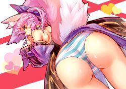 Rule 34 | 10s, 1girl, animal ear fluff, animal ears, ass, blue ribbon, fate/extra, fate/grand order, fate (series), fox ears, fox tail, heart, highres, long hair, looking at viewer, looking back, panties, pink hair, presenting, ribbon, solo, striped clothes, striped panties, tail, tamamo (fate), tamamo no mae (fate/extra), underwear, wisespeak, yellow eyes
