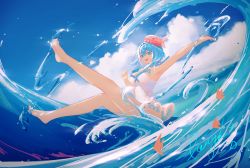 Rule 34 | 1girl, absurdres, barefoot, blue eyes, blue hair, breasts, cleavage, cloud, day, fanghx, fish, haiyi, highres, large breasts, light blue hair, medium hair, ocean, open mouth, signature, sky, smile, solo, swimsuit, synthesizer v