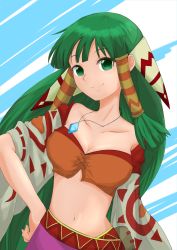 Rule 34 | 1girl, breasts, closed mouth, feena (grandia), grandia, grandia i, green eyes, green hair, hair ornament, hair tubes, highres, jewelry, long hair, looking at viewer, low-tied long hair, medium breasts, midriff, navel, necklace, shifui fugetsu, smile, solo, very long hair, wide sleeves