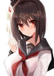 Rule 34 | 1girl, alternate costume, arm at side, black hair, black sailor collar, blouse, blush, breasts, closed mouth, collarbone, contemporary, hair between eyes, hair ornament, headgear, highres, kantai collection, kinona, large breasts, long sleeves, looking at viewer, neckerchief, red eyes, red neckerchief, sailor collar, school uniform, serafuku, shirt, short hair, simple background, solo, upper body, white background, white shirt, yamashiro (kancolle)
