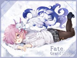 Rule 34 | 1girl, :d, alternate costume, black-framed eyewear, black skirt, blush, coat, copyright name, crossed legs, fate/grand order, fate (series), fou (fate), glasses, hair over one eye, light purple hair, long sleeves, looking at viewer, lying, mash kyrielight, mash kyrielight (fgo x lawson), on stomach, open mouth, pantyhose, plaid, plaid skirt, pleated skirt, purple eyes, purple hair, short hair, skirt, smile, snow, snowflakes, solo, white coat, yoshida iyo