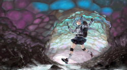 Rule 34 | 1girl, backpack, bag, bike shorts, blue eyes, blue hair, blush, camouflage, cave, fingerless gloves, flashlight, full body, gloves, hair ornament, hairclip, hatsune miku, jacket, jumping, knee pads, long hair, long sleeves, matching hair/eyes, north abyssor, open mouth, russia, skirt, solo, stream, twintails, vocaloid, water, white legwear