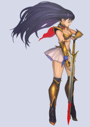 Rule 34 | 1girl, armor, asou yuuko, bikini armor, blood, bloody weapon, blue hair, bracer, breasts, cleavage, commentary request, closed eyes, full body, gold armor, greaves, high heels, highres, holding, holding sword, holding weapon, light blue background, long hair, midriff, miniskirt, mugen senshi valis, navel, red scarf, scarf, shoulder pads, simple background, skirt, solo, sword, thighhighs, urasato, valis, weapon