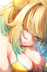Rule 34 | 1girl, between breasts, bikini, blonde hair, blue eyes, blue hair, bombergirl, breasts, cleavage, clover-shaped pupils, come hither, gradient hair, hesoten, highres, large breasts, looking at viewer, multicolored hair, oppai loli, pine (bombergirl), short hair, simple background, smile, solo, swimsuit, symbol-shaped pupils, two-tone hair, upper body, white background, yellow bikini, yellow pupils