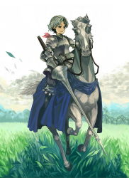 Rule 34 | 1boy, armor, barding, breastplate, gauntlets, grass, greaves, horse, horseback riding, knight, lance, male focus, nature, pauldrons, polearm, reins, riding, shoulder armor, solo, pauldrons, spear, weapon