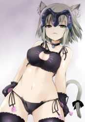 Rule 34 | 1girl, animal ears, animal hands, bare arms, bare shoulders, bell, black bra, black panties, black thighhighs, bra, breasts, cat cutout, cat ear panties, cat ears, cat lingerie, cat paws, cat tail, choker, cleavage, cleavage cutout, clothing cutout, collarbone, cowboy shot, fate/grand order, fate (series), frilled thighhighs, frills, gloves, gluteal fold, grey hair, groin, headpiece, jeanne d&#039;arc (fate), jeanne d&#039;arc alter (avenger) (fate), jeanne d&#039;arc alter (fate), jingle bell, looking at viewer, medium breasts, meme attire, navel, neck bell, panties, paw gloves, ribbon, ruler (fate/grand order), sen (astronomy), serious, shiny skin, short hair, side-tie panties, solo, standing, tail, tail ornament, tail ribbon, thigh gap, thighhighs, tsurime, underwear, underwear only, yellow eyes