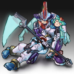 Rule 34 | 1boy, 1girl, android, angry, armor, bad id, bad pixiv id, blood, broken helmet, brother and sister, capcom, closed eyes, drill (emilio), energy blade, full body, gradient background, helmet, holding, holding person, holding weapon, injury, inti creates, mega man (series), mega man zx, mega man zx advent, one eye closed, pandora (mega man), prometheus (mega man), scythe, serious, siblings, unconscious, weapon