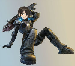 Rule 34 | 1girl, animification, arm up, armor, blush, brown eyes, brown hair, chainsaw, full body, gears of war, grey background, kiharatotsunori, knees up, lancer (gears of war), long hair, short hair, simple background, solo, spread legs, weapon