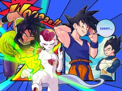 Rule 34 | 10s, 3llo 3, 4boys, :o, aiming, aiming at viewer, anger vein, annoyed, aqua background, arm behind head, armor, armpits, black eyes, black hair, blue background, broly (dragon ball super), crossed arms, day, dougi, dragon ball, dragon ball super, dragon ball super broly, dragonball z, energy, energy beam, english text, fighting stance, fingernails, frieza, frown, gloves, glowing, glowing hand, green eyes, hand up, incoming attack, index finger raised, looking away, looking back, male focus, motion lines, multiple boys, muscular, muscular male, nervous smile, open mouth, outdoors, outside border, outstretched hand, pectoral cleavage, pectorals, polka dot, polka dot background, red eyes, see-through, serious, short hair, simple background, sky, sleeveless, smile, son goku, sound effects, speech bubble, spiked hair, standing, sweatdrop, tail, text focus, upper body, vegeta, wristband
