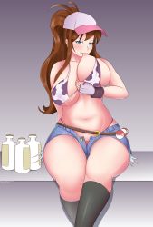 Rule 34 | 1girl, animal print, baseball cap, belt, blue eyes, breast sucking, breasts, brown hair, cow print, creatures (company), curvy, game freak, hat, highres, hilda (pokemon), huge breasts, lactation, looking at viewer, milk, navel, neovixtadiz, nintendo, poke ball, pokemon, pokemon bw, ponytail, self breast sucking, short shorts, shorts, smile, socks, solo, stomach, thick thighs, thighs, thong, unbuttoned, wide hips