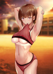 Rule 34 | 1girl, armpits, arms behind head, arms up, ass, bikini tan, biting, blurry, blurry background, blush, breasts, brown hair, clothes in mouth, clothes lift, collarbone, cowboy shot, crop top, gentsuki, grin, hair between eyes, highres, lifting own clothes, looking at viewer, medium breasts, mouth hold, navel, original, red eyes, shirt in mouth, shirt lift, short hair, sleeveless, smile, solo, sports bra, sports bra lift, sportswear, standing, sunset, sweat, tan, tanline, track uniform, underboob