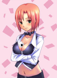 Rule 34 | 1girl, bow, bowtie, breasts, card, cleavage, crossed arms, female focus, green eyes, hashi, midriff, navel, pink hair, rio rollins, short hair, solo, super blackjack, vest