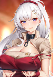 Rule 34 | 1girl, absurdres, azur lane, belfast (azur lane), belfast (piping-hot perfection) (azur lane), blush, braid, breast rest, breasts, breasts on tray, broken, broken chain, carried breast rest, carrying, chain, cleavage, cleavage cutout, closed mouth, clothing cutout, collar, dress, earrings, french braid, gradient background, hair ornament, hair scrunchie, hairclip, highres, huge breasts, jewelry, long hair, looking at viewer, nail polish, off-shoulder dress, off shoulder, purple eyes, red dress, red nails, red scrunchie, scrunchie, short sleeves, smile, solo, white hair, wu ganlan cai