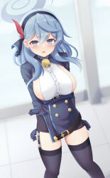 Rule 34 | 1girl, ako (blue archive), animal collar, arm at side, arm behind back, bell, black hairband, black skirt, black thighhighs, blue archive, blue collar, blue hair, blue jacket, blurry, blurry background, blush, breasts, collar, commentary, cowbell, crossed bangs, dutch angle, earrings, embarrassed, eyelashes, feet out of frame, floating hair, garter straps, hair between eyes, hair ribbon, hairband, halo, highres, indoors, jacket, jewelry, large breasts, long hair, looking at viewer, miniskirt, open mouth, pencil skirt, red ribbon, ribbon, shiny skin, shirt, sidelocks, skirt, solo, standing, stud earrings, thighhighs, thighs, v-shaped eyebrows, white shirt, yuunagi (yunagi1373)