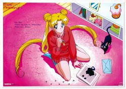Rule 34 | 1girl, accident, bishoujo senshi sailor moon, black cat, blonde hair, blue eyes, cat, crescent, crescent necklace, doll, double bun, from above, hair bun, highres, holding, holding pen, ink, jewelry, lamp, letter, logo, long hair, long sleeves, luna (sailor moon), necklace, no shoes, non-web source, official art, paw print, pen, red sweater, sitting, solo, spill, stuffed animal, stuffed toy, sweater, teddy bear, tsukino usagi, twintails, very long hair, wariza