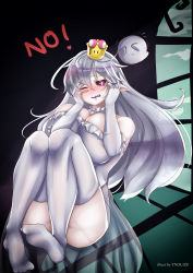 Rule 34 | 1girl, absurdres, alternate costume, artist name, bare shoulders, black sclera, blush, boo (mario), breast press, breasts, choker, cleavage, colored sclera, dark, elbow gloves, english text, floating, frilled choker, frilled gloves, frilled leotard, frills, gloves, hair between eyes, hands on own face, highleg, highleg leotard, highres, indoors, knees up, leotard, long hair, long legs, looking at viewer, luigi&#039;s mansion, mario (series), new super mario bros. u deluxe, nintendo, no shoes, nose blush, one eye closed, pink eyes, pink pupils, pointy ears, princess king boo, see-through, see-through skirt, shiny skin, shy, sidelocks, silver hair, skirt, solo, strapless, strapless leotard, super crown, thick thighs, thighhighs, thighs, tnolize, toes, very long hair, white choker, white gloves, white leotard, white thighhighs, wide hips, window shadow, windowsill