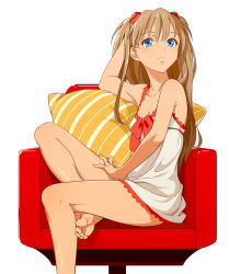 Rule 34 | 00s, 1girl, 9aki, bare shoulders, barefoot, blue eyes, breasts, brown hair, camisole, chemise, cleavage, evangelion: 2.0 you can (not) advance, feet, feet on chair, hand in own hair, highres, long hair, looking at viewer, medium breasts, nail polish, neon genesis evangelion, pillow, rebuild of evangelion, sitting, soles, solo, souryuu asuka langley, toenail polish, toenails, toes