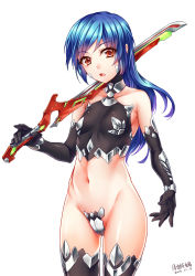 Rule 34 | 1girl, 2016, :o, arm at side, armor, bare shoulders, black gloves, black thighhighs, blue hair, breasts, c-string, carrying over shoulder, cowboy shot, dated, elbow gloves, eyebrows, facial mark, gloves, holding, holding sword, holding weapon, long hair, looking at viewer, navel, no pants, original, panties, red eyes, revealing clothes, shiny skin, signature, simple background, small breasts, solo, stomach, strapless bottom, sword, thighhighs, tsuki tokage, underwear, weapon, white background, white panties