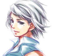 Rule 34 | 1girl, ace attorney, ace attorney investigations, alternate costume, bad id, bad pixiv id, black eyes, capcom, franziska von karma, kunihara, lips, lipstick, looking at viewer, makeup, mole, mole under eye, short hair, silver hair, simple background, sleeveless, smile, solo, swept bangs, white background, wind