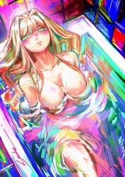 Rule 34 | 1girl, absurdres, bathtub, blonde hair, breasts, doki doki literature club, from above, green eyes, half-closed eyes, high contrast, highres, hornee borgar, in water, large breasts, looking at viewer, looking up, lying, monika (doki doki literature club), multicolored background, nude, open mouth, water