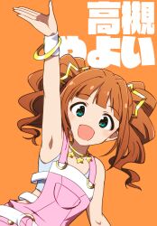 Rule 34 | 1girl, arm up, armpits, bare shoulders, belt, blue shirt, blush, breasts, brown hair, character name, cropped shirt, dot nose, gold bracelet, green eyes, hair ornament, idolmaster, idolmaster (classic), jewelry, kidachi, looking at viewer, necklace, open hand, open mouth, orange background, pink diamond 765 (idolmaster), pink skirt, shirt, simple background, skirt, sleeveless, sleeveless shirt, small breasts, smile, solo, star (symbol), star hair ornament, star necklace, suspender skirt, suspenders, takatsuki yayoi, translated, twintails, upper body, white belt, white wristband