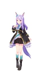 Rule 34 | 1girl, animal ears, bad link, black footwear, black jacket, black skirt, boots, bow, closed mouth, ear ribbon, full body, game model, highres, horse ears, horse girl, horse tail, jacket, long hair, long sleeves, looking at viewer, mejiro mcqueen (umamusume), midriff, miniskirt, official art, pleated skirt, purple eyes, purple hair, shirt, skirt, smile, solo, standing, tachi-e, tail, transparent background, umamusume, very long hair, white background