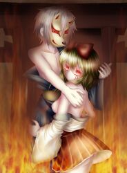 Rule 34 | 1boy, 1girl, ass, bare shoulders, blood, bloody tears, bow, breasts, collarbone, commentary request, fire, fox mask, glowing, glowing eyes, green hair, gumi, hair bow, hakama, hakama short skirt, hakama skirt, hand on another&#039;s hip, hand on another&#039;s shoulder, hetero, japanese clothes, kibatan, kimono, kitsune no yomeiri (vocaloid), looking at viewer, mask, medium breasts, nipples, no bra, no panties, off shoulder, oni to kitsune no hanashi, partial commentary, pleated skirt, red bow, red eyes, red skirt, shishikusa mai, short hair, skirt, topless, torii, vocaloid, white hair